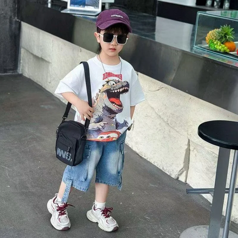 

2-9 Year Boys' Dinosaur Set 2025 New Summer Short sleeved T-shirt and Jeans Two piece Set Kids Outfits 90-150CM