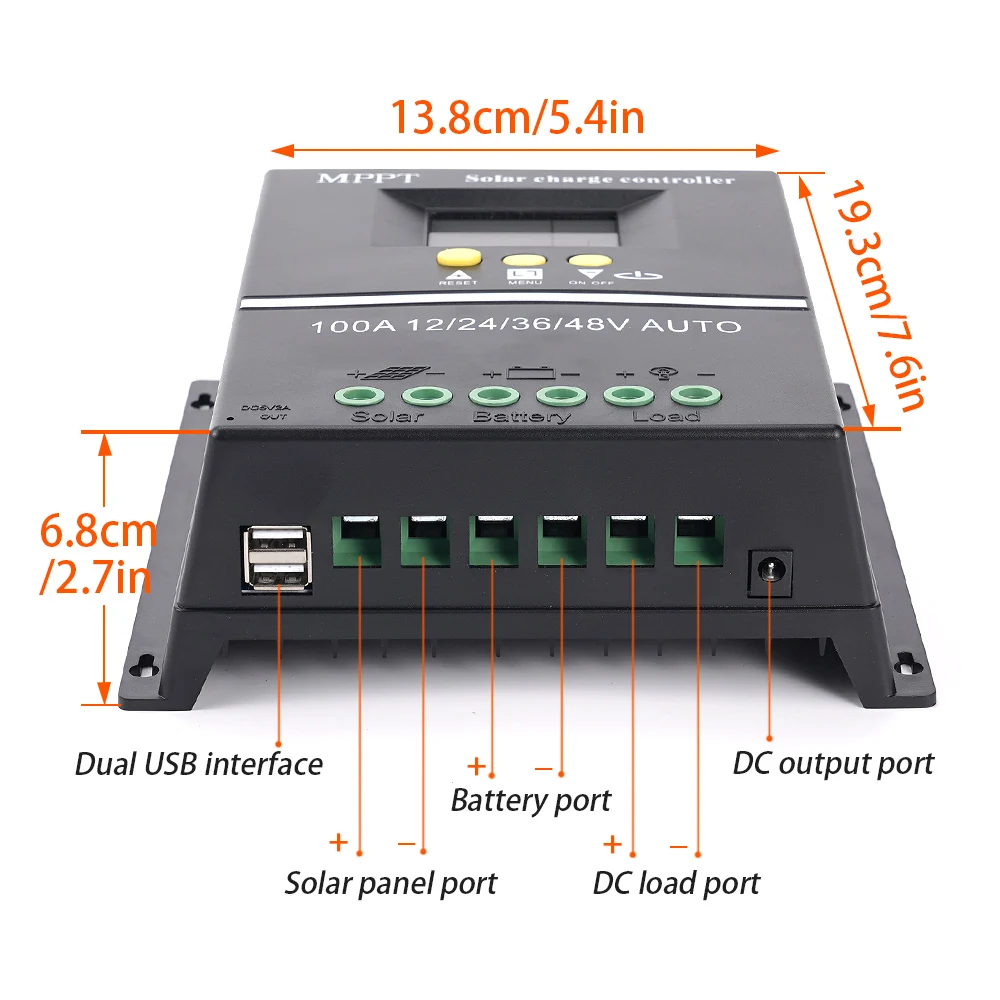 100A MPPT Dual USB Solar Charging Controller LCD Displays 12V 24V 36V 48V Solar Panel Compatible  Lead Aacid Lithium Battery