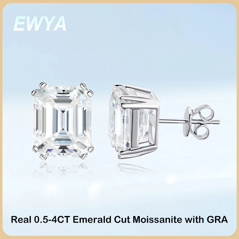 

EWYA Real 0.5/1/2/4 Carat Emerald Cut D Color Moissanite Diamond Stud Earrings for Women 925 Silver Wedding Bridal Earring Gift