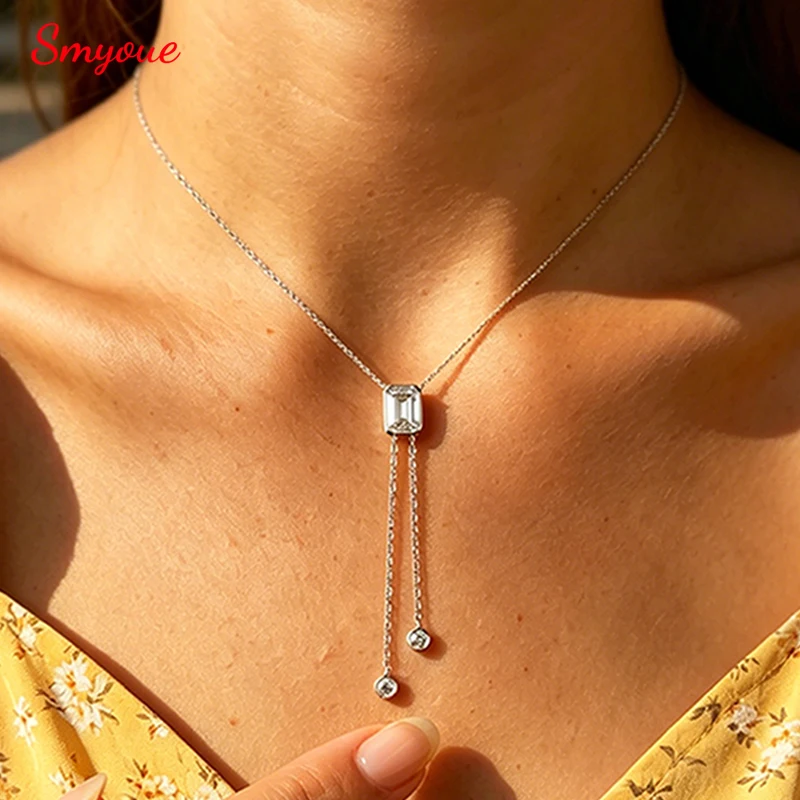 Smyoue New 2CT 6*8mm Emerald Cut Full Moissanite Tassel Necklace for Women Lab Diamond Wedding Jewelry 100% 925 Sterling Silver