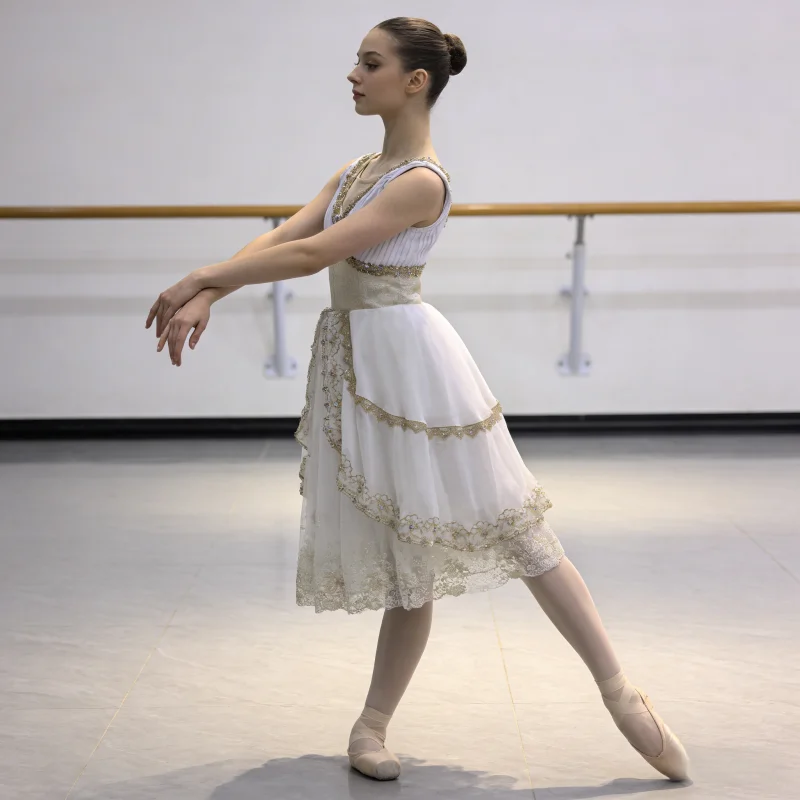 Sleeveless V Neck Ballet Performance Dress Gold Trim Color Rhinestone Irregular Lace Short Dance Skirt Suitable For Stage Shows