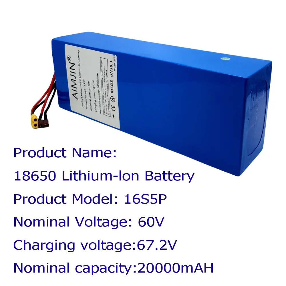 18650 16S5P Lithium-ion Battery Pack 60V 20000mAh Rechargeable Battery 2000W Motor With BMS for Motorcycle, Scooter, Bicycle