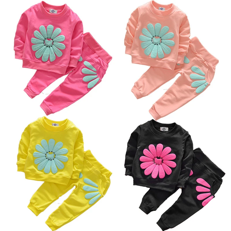 

2024 Spring Autumn Children's Suit Girls Long Sleeves Sunflower T-shirt Sweater+Solid Color Long Pants Two-piece Set