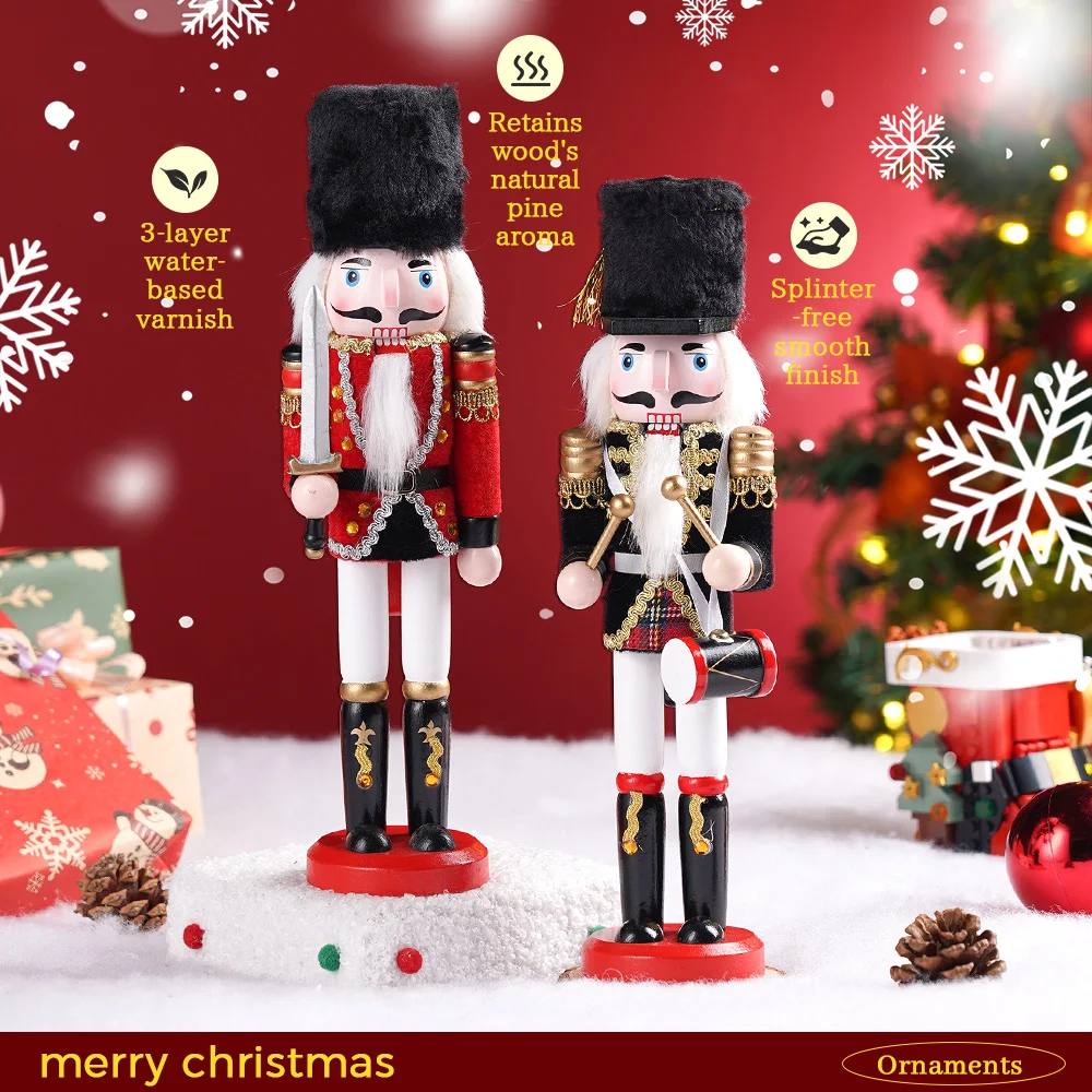 2PCS Christmas Nutcracker Wooden Ornament Soldier Handcraft Doll Toy Home Office Desktop Xmas Decoration Gift For Friends Family