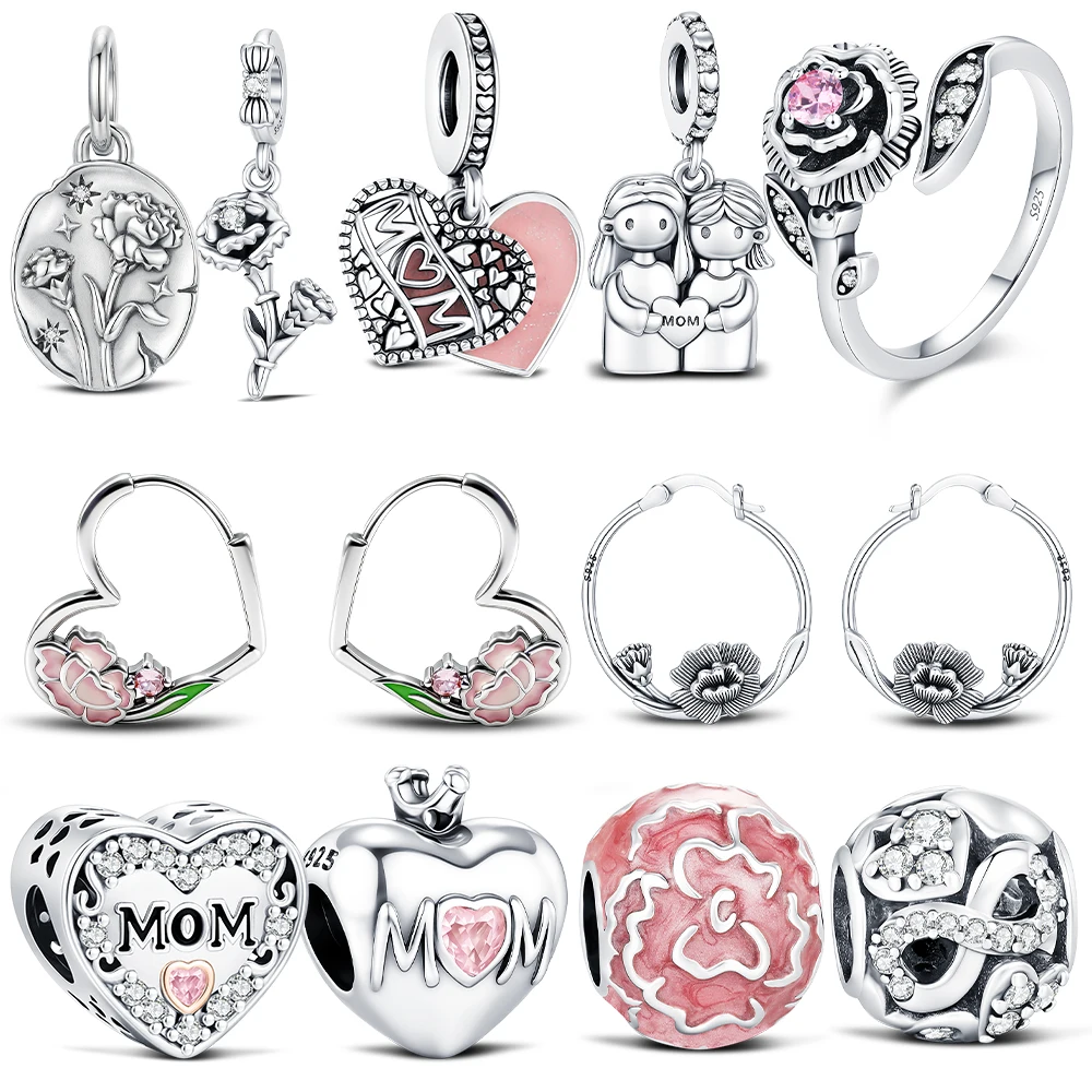 925 Sterling Silver Charm MOM Resin Carnation Flowers Pendants Jewelry Making For Bracelet Women's Fashion DIY Festival Gift