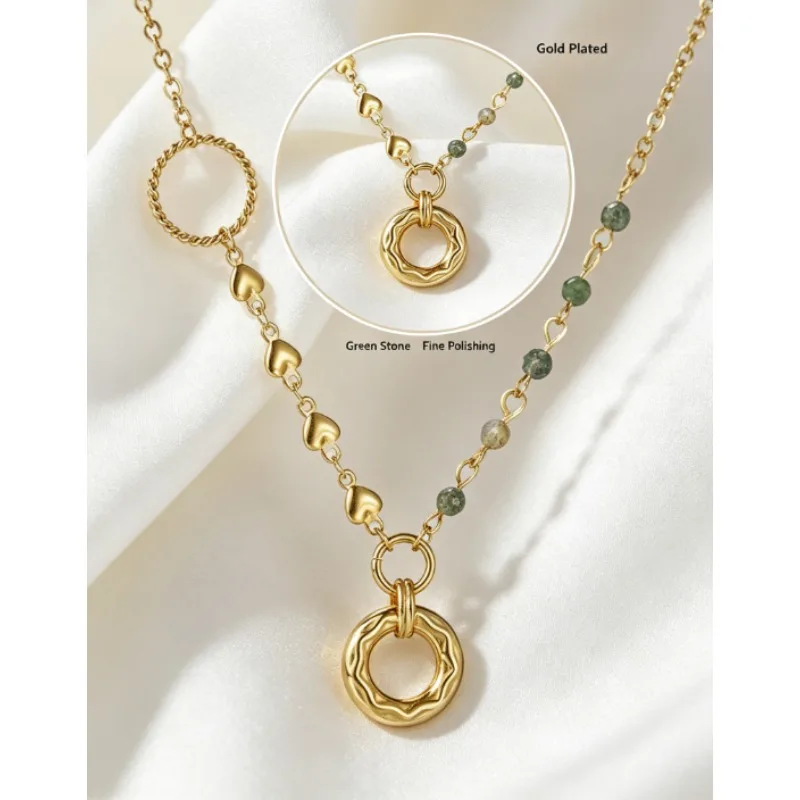 1Pc European Light Luxury Beaded Spliced Stainless Steel Necklace, Gold Round Pendant Versatile Chain