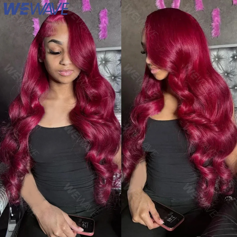 Perruque Lace Front Wig Body Wave Naturelle Rouge Bordeaux 99J, Cheveux Humains Colorés, 13x6 HD, 13 Tages