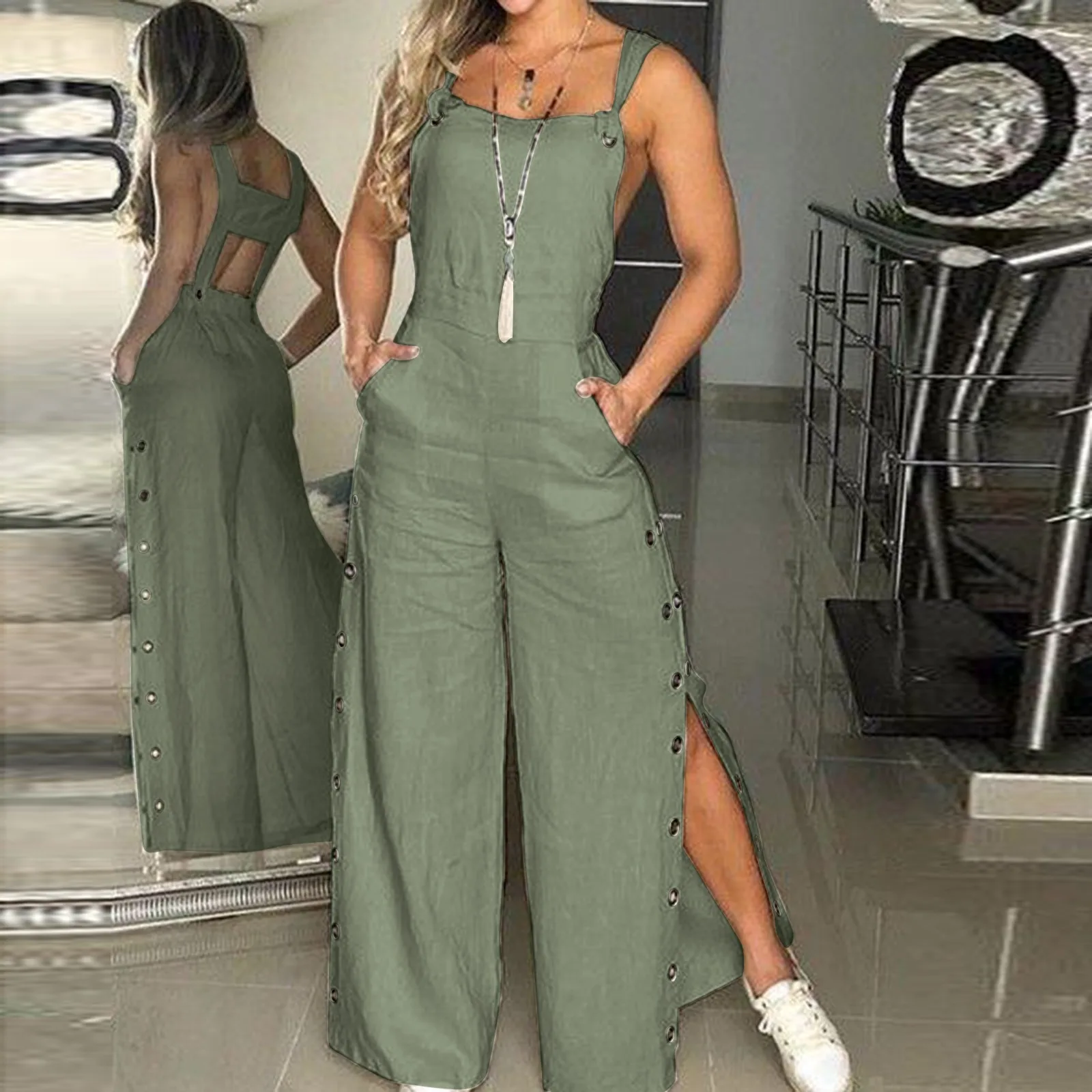 Pantaloni estivi da donna senza maniche con nodo attorcigliato in cotone e lino con spalline laterali aperture con bottoni larghi pantaloni lunghi a