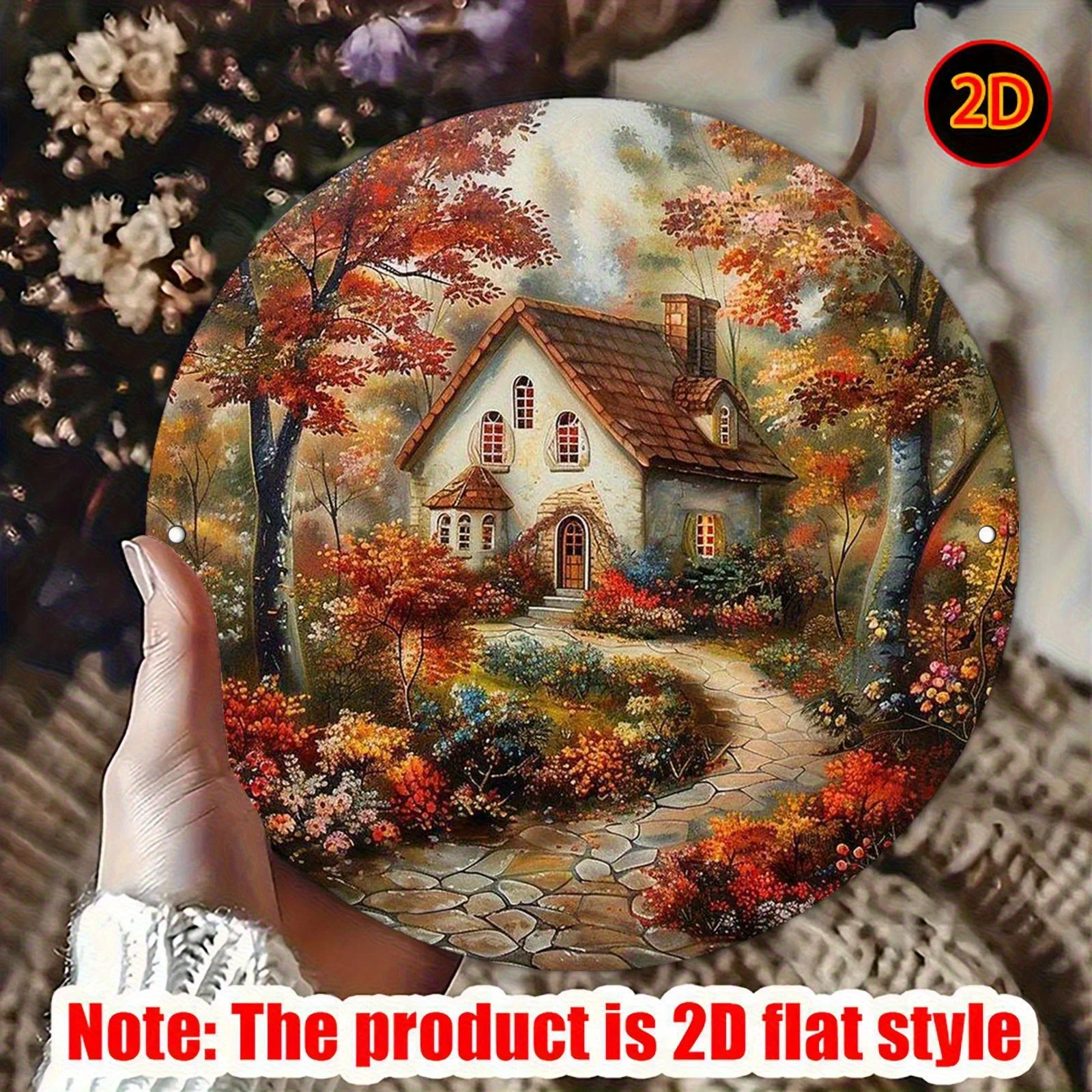 2D Flat - [2D Flat] A Vintage-Style Round Aluminum Print Depicting an Autumn Cottage Scene, Perfect for Decorating Walls in Bedr