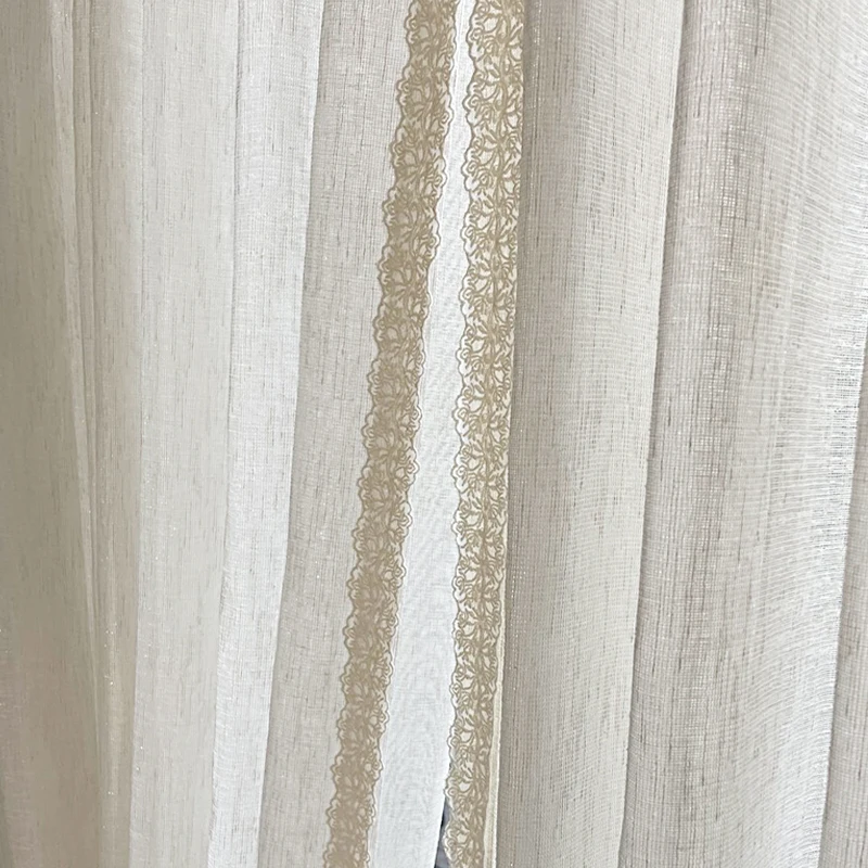 

Korean Lace Linen Yarn Sheer Curtains for Bedroom Princess White Voile Cortinas with Lace Edge Transparent White Linen Tulles