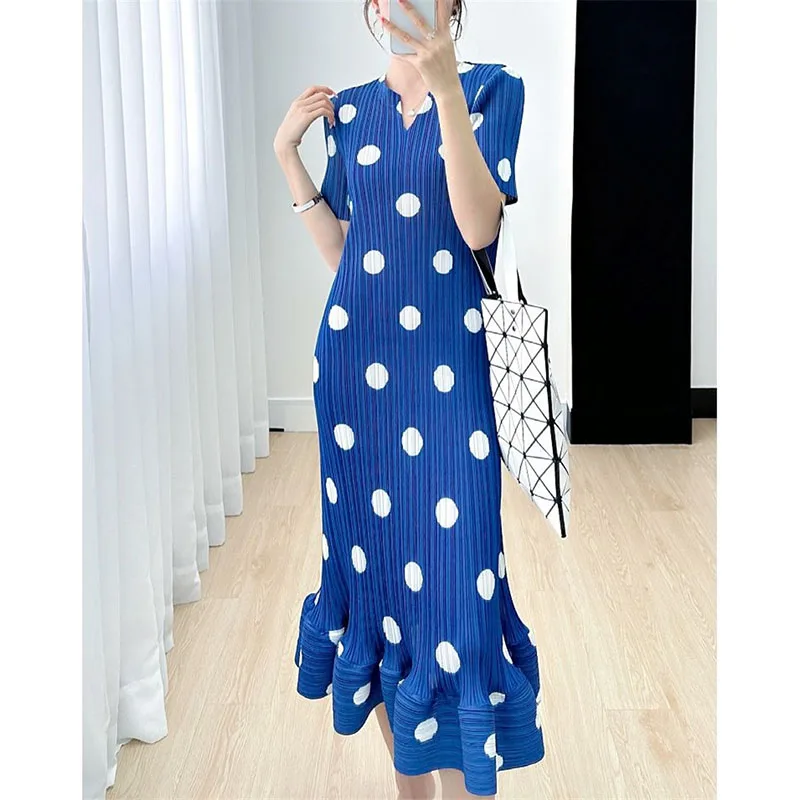 

Sanzhai Fold Long Dress 2024 New Women's Polka Dot Printed Elegance Loose Slim Short Sleeved Summer Pleated A-Line Dress Female