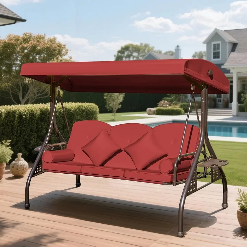 3-seat Outdoor Swings with Canopy Convertible Patio Swing Bed Thick Cushions