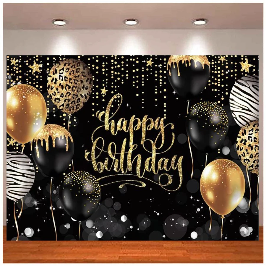 

Black Gold Leopard Happy Birthday Photography Backdrop Balloons Shiny Star Polka Dots Sparkle Sequins Bokeh Party Background