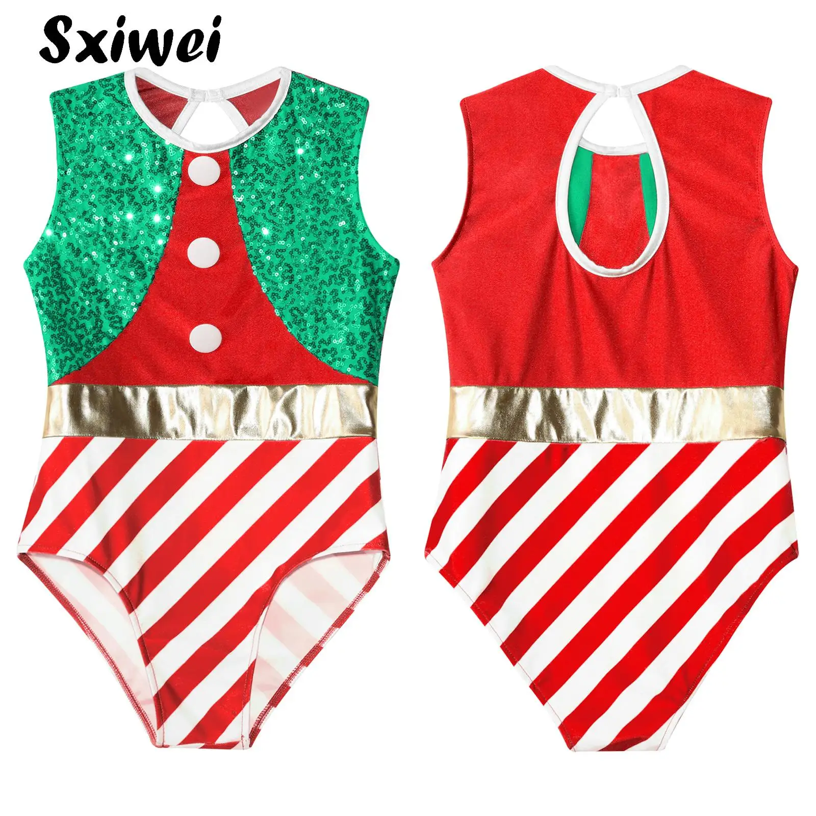 

Girls Miss Santa Claus Dance Costume Candy Cane Striped Sequins Leotard Christmas Ballet Gymnastics Figure Ice Skating Unitard