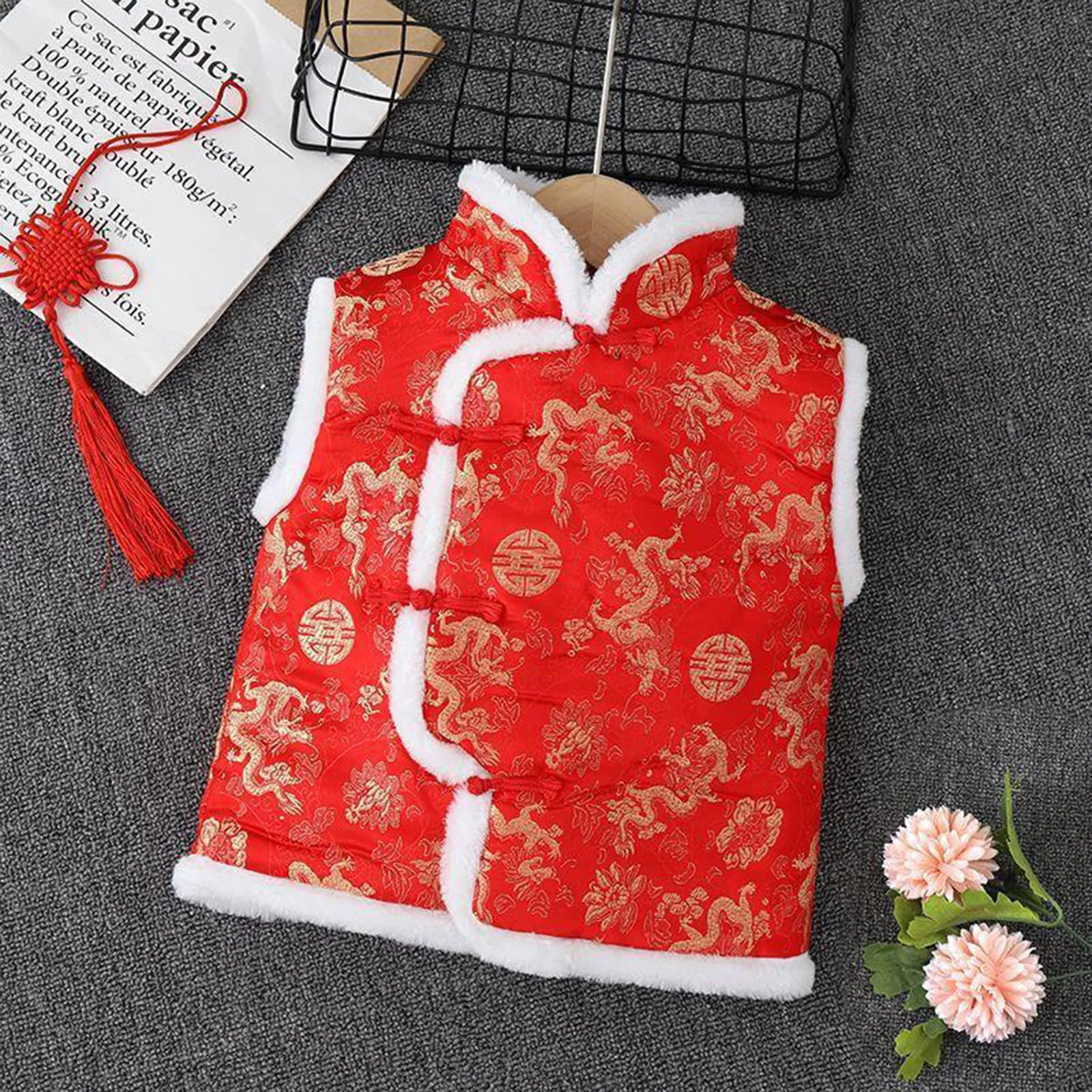 Pink Flower Children Waistcoat Fleece Baby Girl Vest Qipao Clothes Spring Festival Kid Coat Cheongsam Outfits Outerwear Tank Top