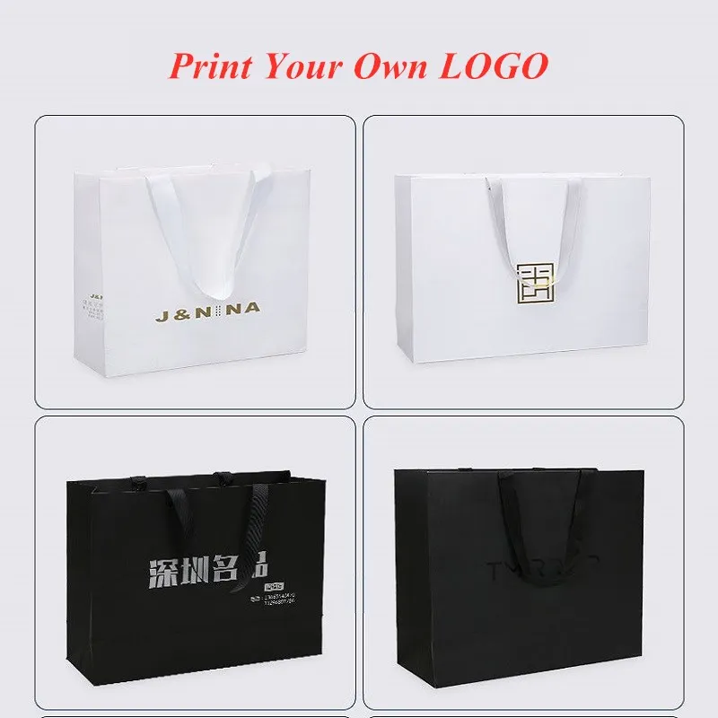 50X Custom Logo Paper Shopping Bag With Ribbon Handle for Clothing Gift Packaging Bag Sacola De Papel