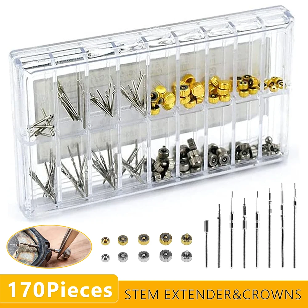 170Pcs/Box Watch Crown & Stem Extender Replacement Parts Assorted Dome Flat Head Metal for Watchmaker Watch Repair Tools Kit