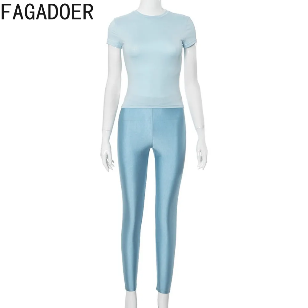 FAGADOER Casual Solid Color Simple Skinny Pants Two Piece Sets Women Round Neck Short Sleeve Slim Tshirt And Pants Outfits 2024