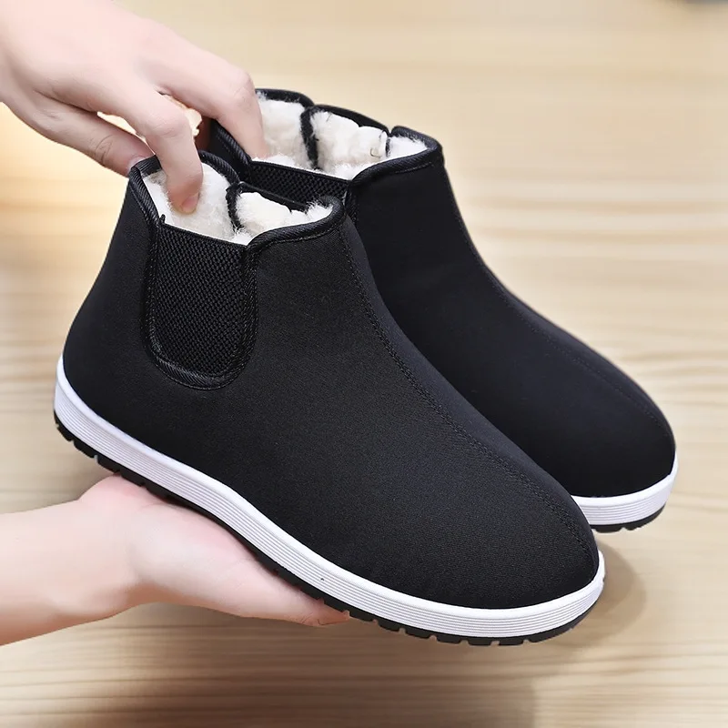 Men's Winter Warm Plush‑Lined Ankle Boots Black Canvas Slip‑on Cotton Shoes Comfort Non‑Slip Outdoor Cold‑Resistant Short Boots