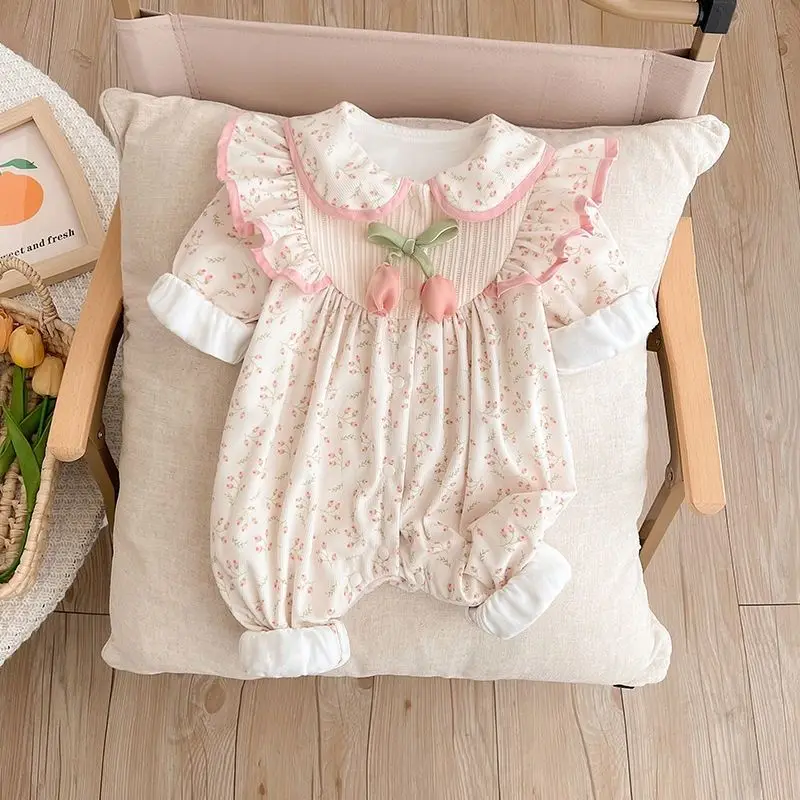 Baby Newborn Spring Fall Onesie Clothing Newborn Princess 1 Month Romper Double Layer Outdoor 100 Days