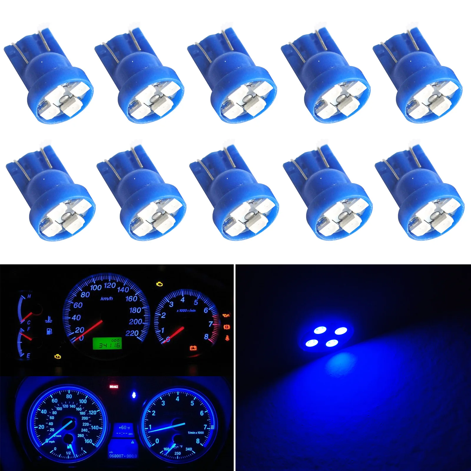 Speedometer Indicator Light 10pcs T10 168 Blue Gauge Instrument Cluster Speedometer Dash 4-SMD Car LED Energy Saving Light Bulbs