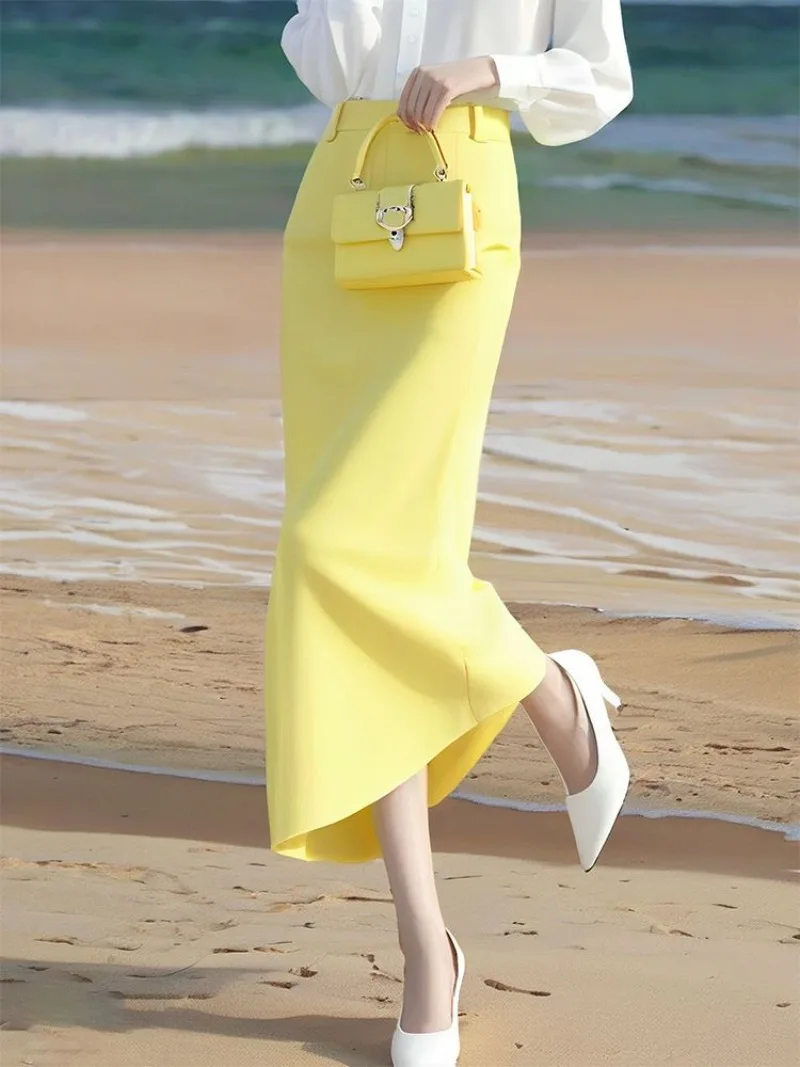 ใหม่แฟชั่นฤดูร้อนกระโปรงผู้หญิง High End Slim Office Lady A-Line สีทึบเอวสูง Midi กระโปรงผู้หญิงเสื้อผ้า Jupe