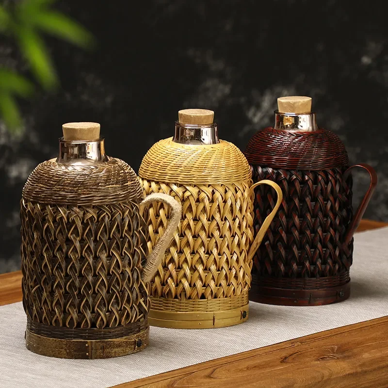 Handmade Purple Bamboo Woven Thermos Retro Glass Liner Hot Water Bottle Vintage Household Kettle Thermal Insulation Pot for