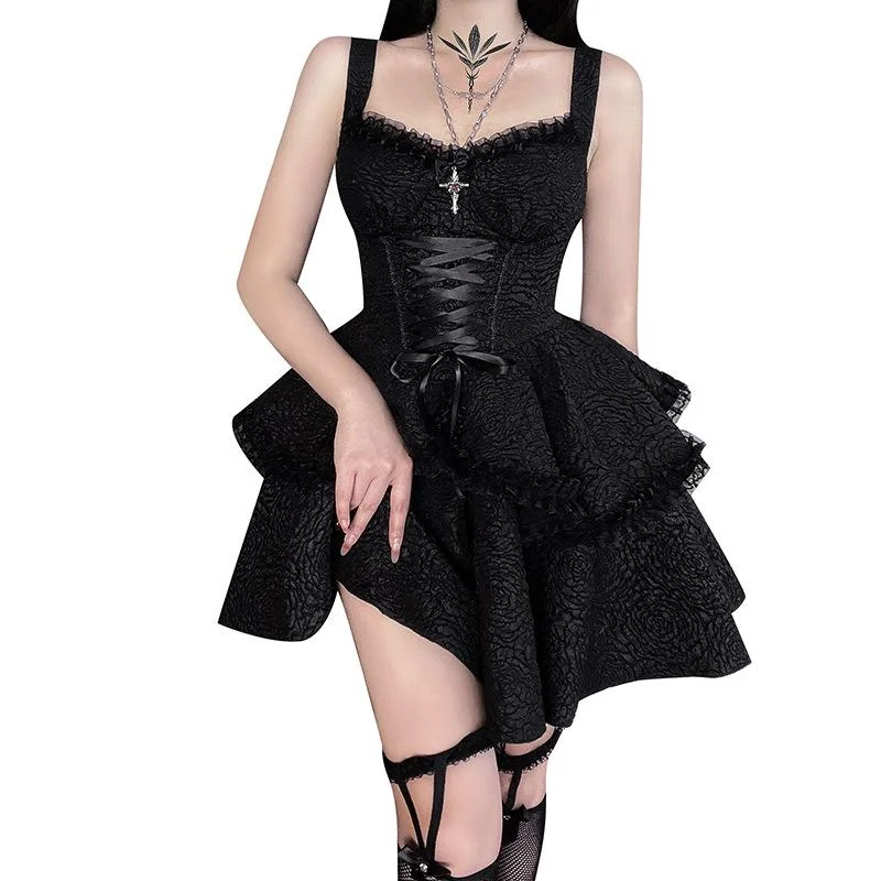 Women's Gothic Dark Style Halter Mini Dress Double Hem Muscle Fabric Lace Border Cross Pendant Detail Cyber Punk Partywear Black