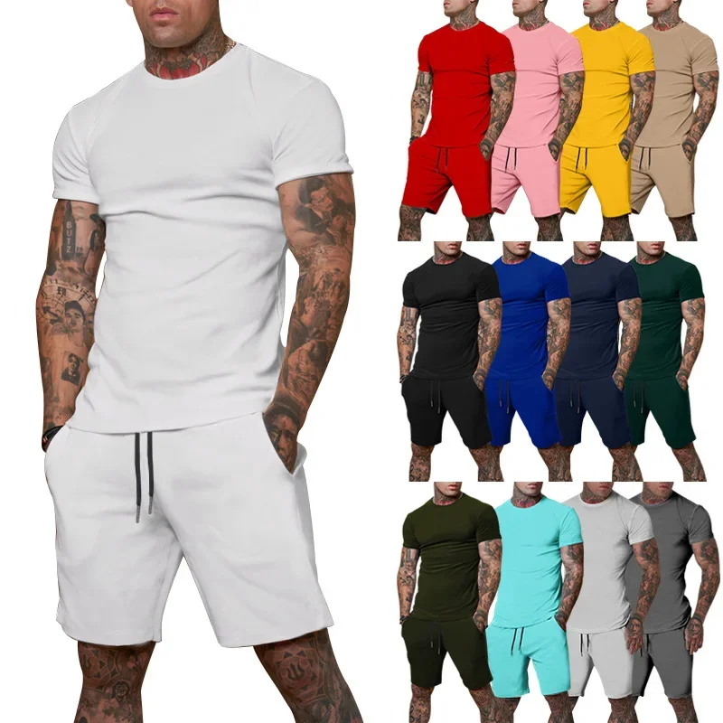 Fashionable summer outdoor sports set, men\'s short sleeved T-shirt shorts, casual fashion two-piece set, breathable