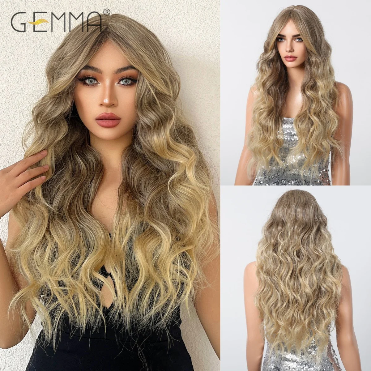 Long Curly Ombre Light Honey Brown Synthetic Wig with Bangs for Women Yellow Brown Wavy Cosplay Daily Hair Wigs Heat Resistant