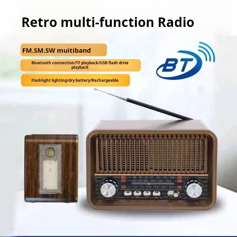 

Portable FM AM SW Radio Multi-band Vintage Radios Wireless Bluetooth Speaker with LED Flashlight Supportt TF Card U Disk AUX