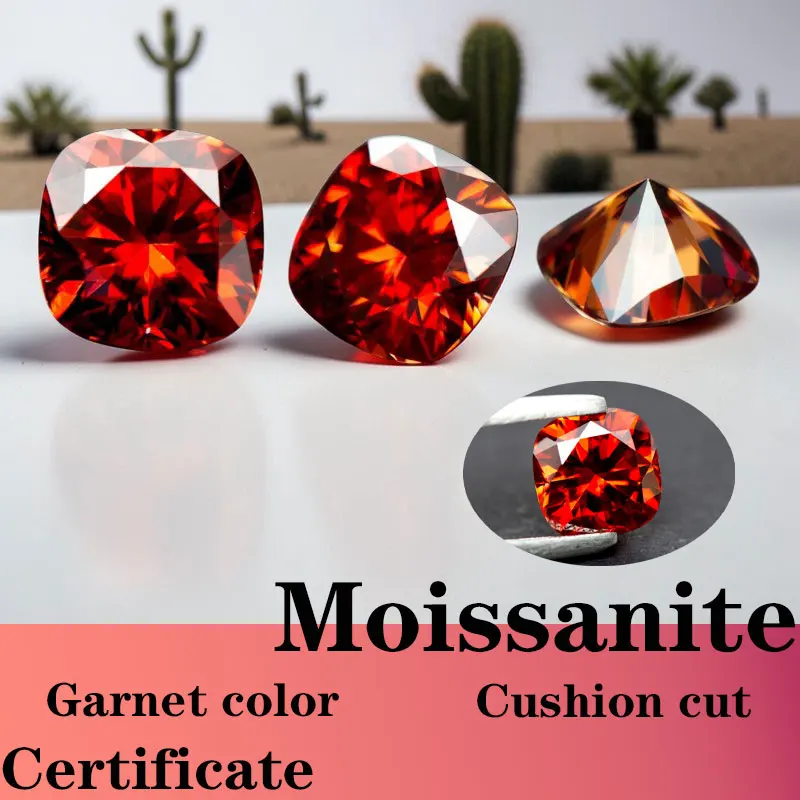 

Moissanite Cushion Cut Garnet Color with Certificate Laboratory Production High Quality