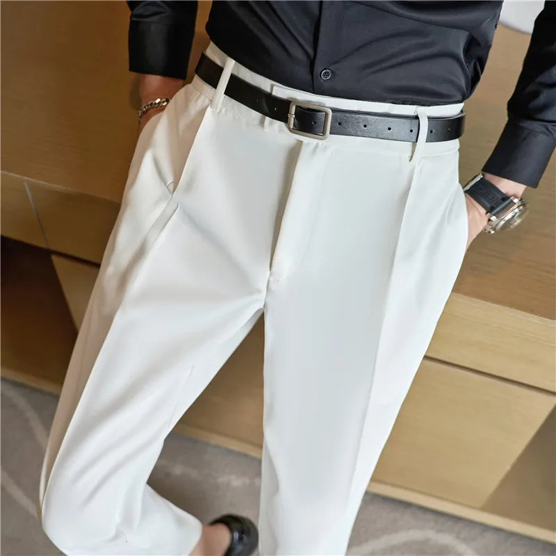 Autumn Elastic Waistline Straight Pants for Men Casual Business Suit Pants Belt Decoration Ankle Length Office Social Trousers