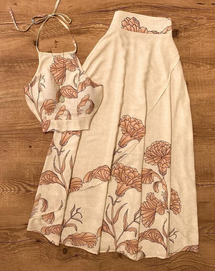 

Two Piece Set Women Outfit Summer Floral Print Backless Halter Tied Detail Top & Casual Pleated Vacation Skirt S