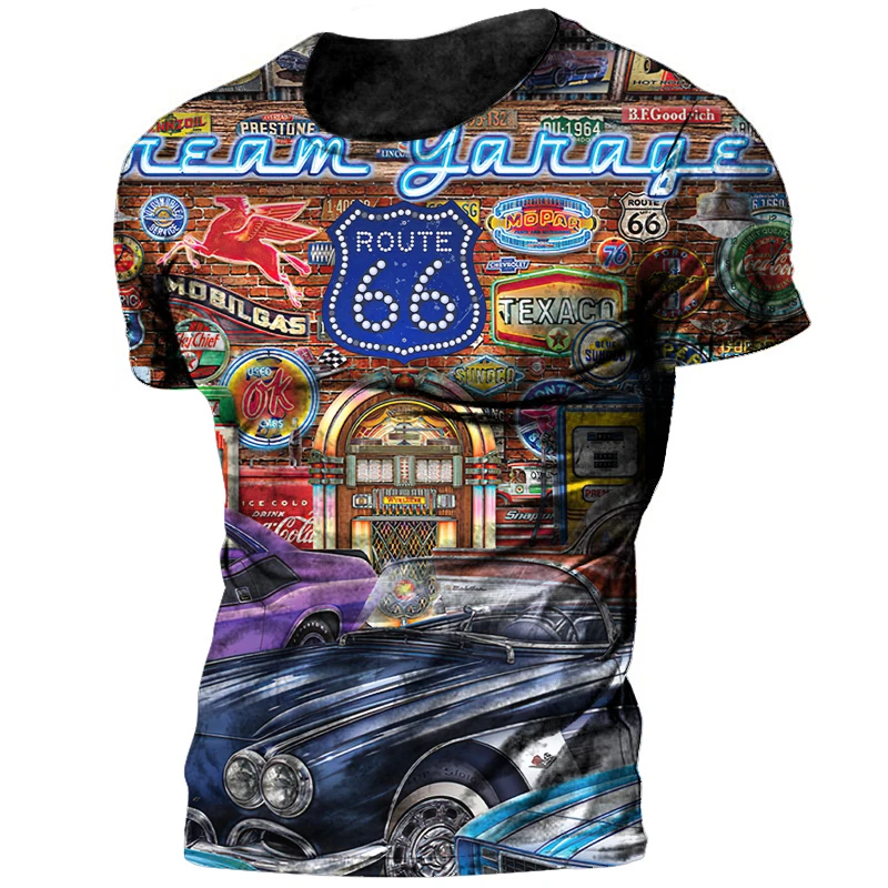 Camiseta Vintage 66 Route para hombre, camisa de manga corta con estampado 3d de motorista, de gran tamaño, de carreras