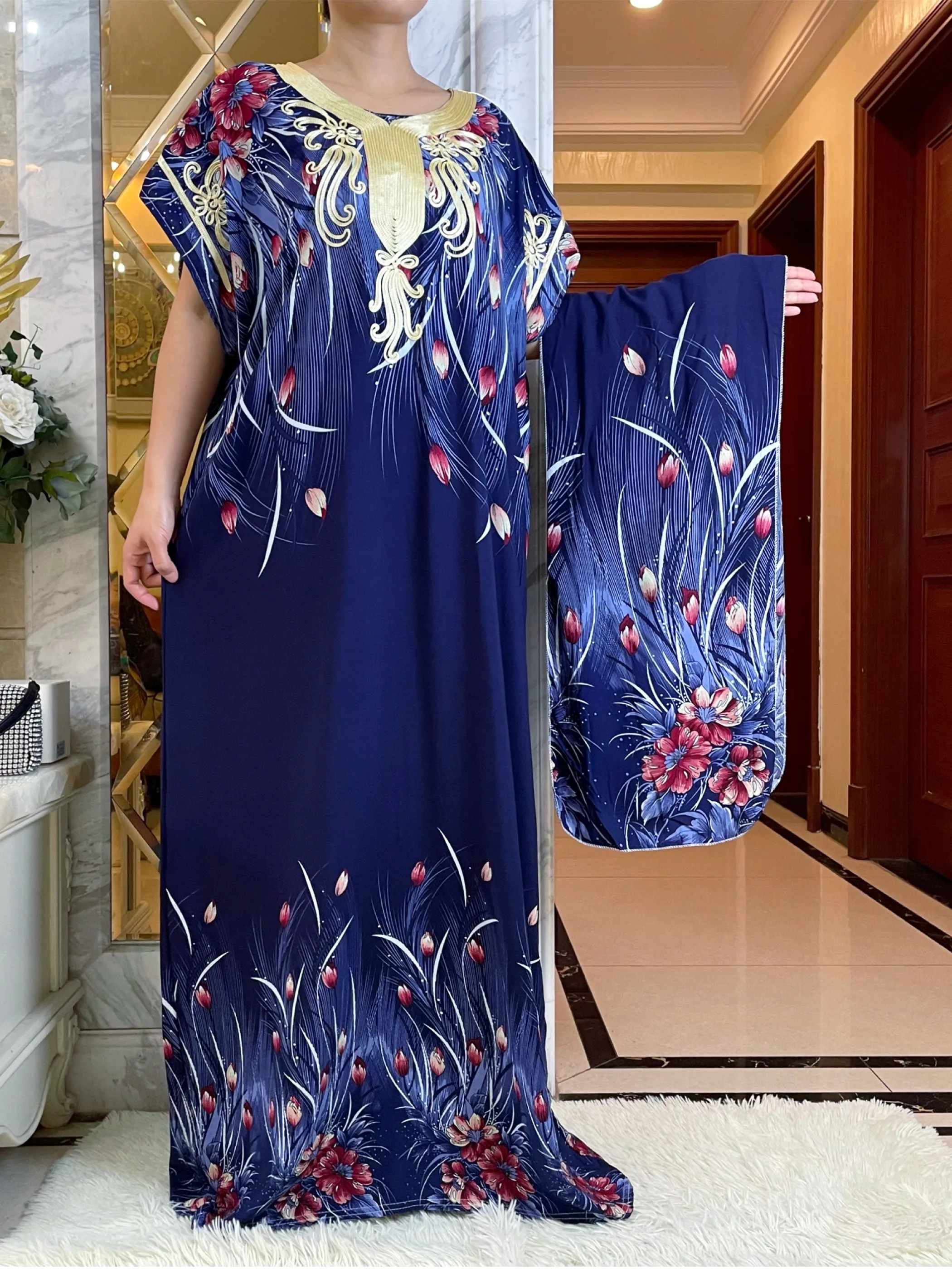 2023New African Women\'s Summer Short Sleeve Dashiki Cotton Floral Dress Printing Loose Caftan Dresses with Scarf Casual Vestido