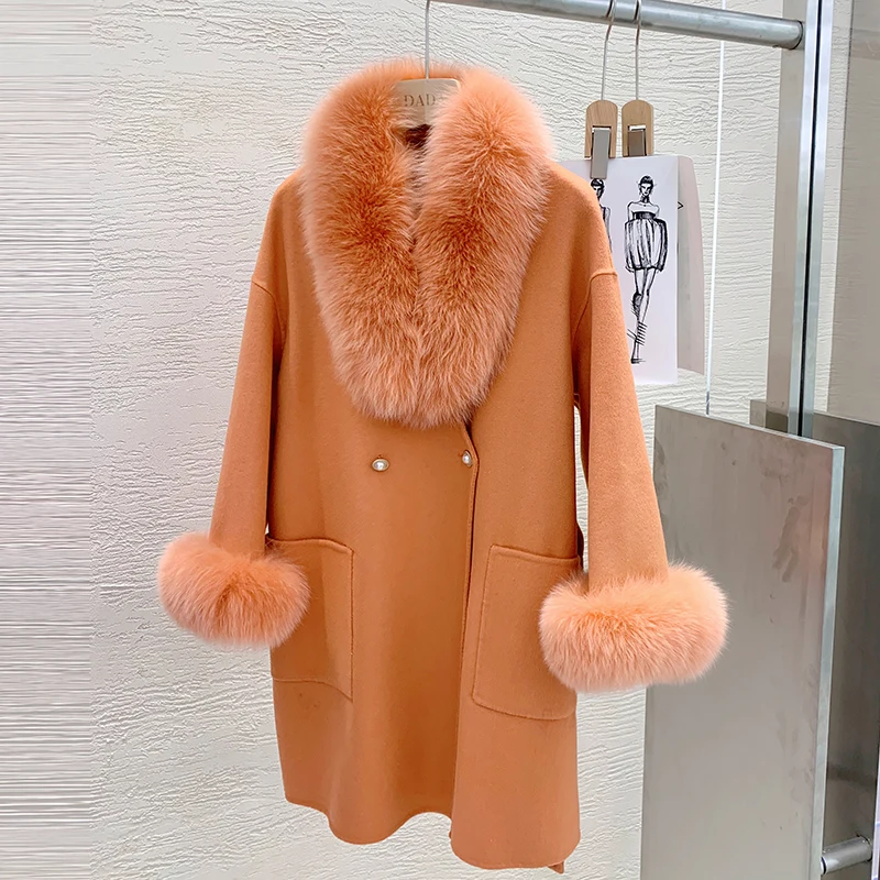 

2023 Real Fur Coat Oversize Ladies Natural Fox Fur Collar Cuffs Cashmere Wool Woolen Outerwear Winter Jacket Women