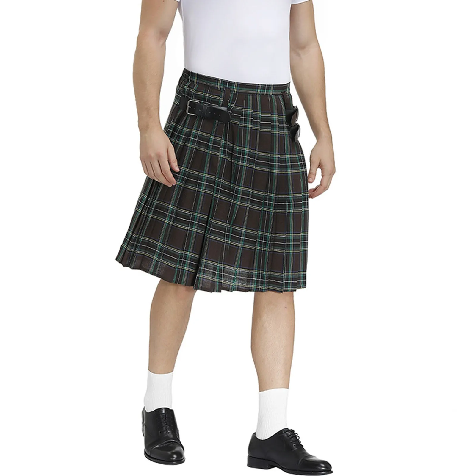 Men Fashion Skirt Kilt Casual Retro Scottish Style Plaid Print Contrast Waistband Pleated Skirt Ethnic Halloween Cosplay Skirts