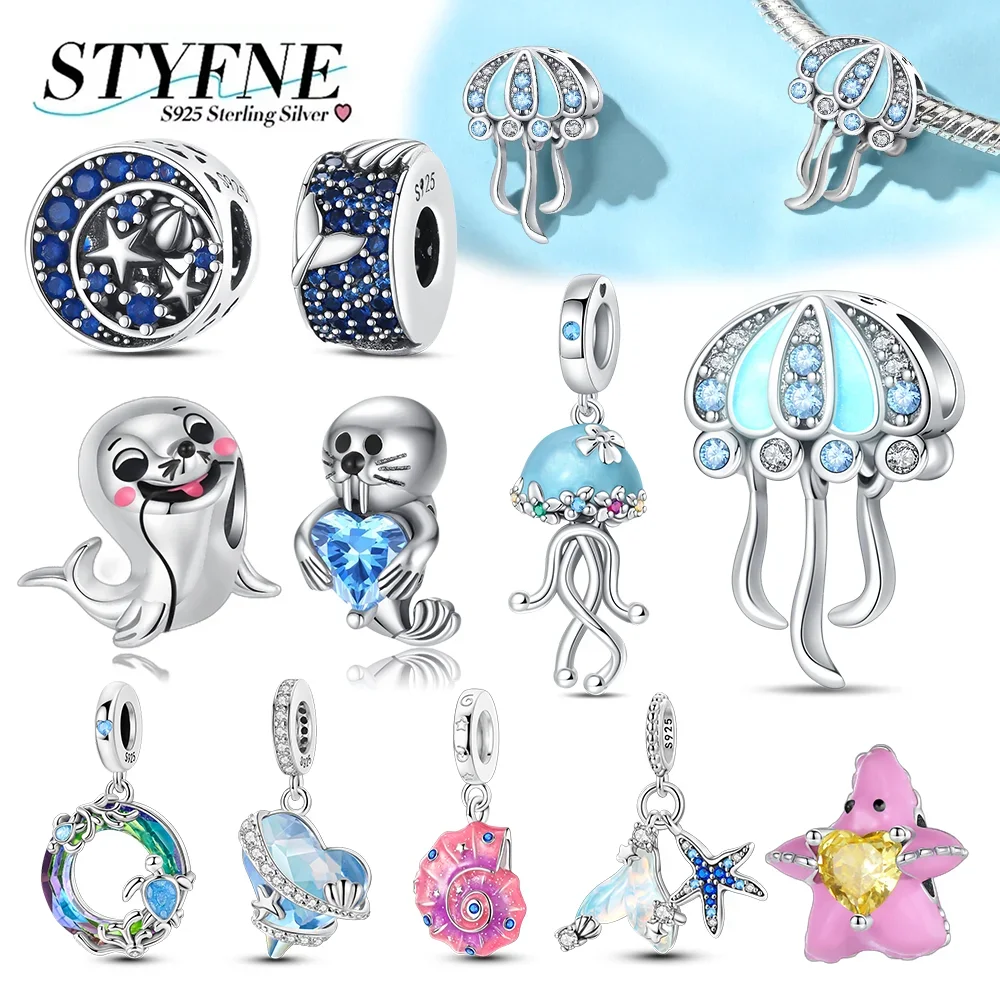 NONE Breloque en argent Sterling 925, méduse, étoile de mer, hippocampe, morus, conque, chaîne originale, Bracelet, bijoux à bricoler soi-même, cadeau pour femmes