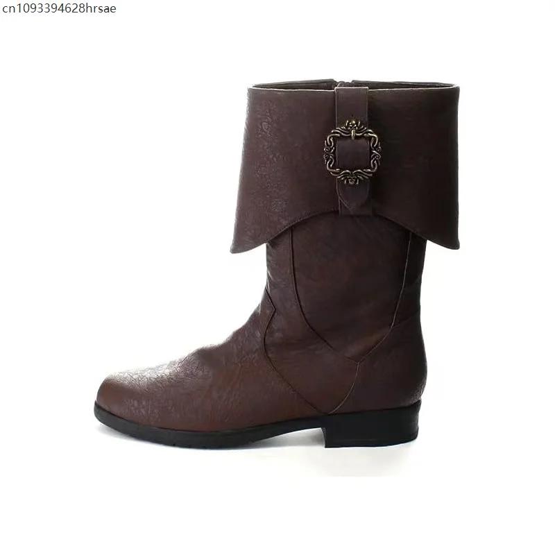 Vintage Renaissance Pirate Cosplay Boots for 3 Colors Leather Buckle Mid Boots Medieval Costume Footwear Masquerade Party Shoes