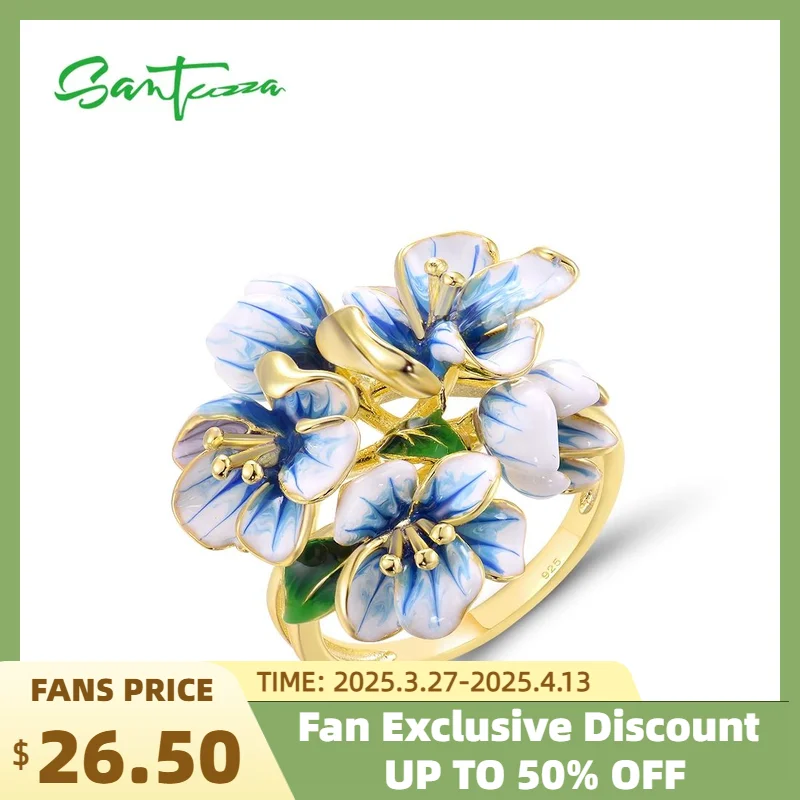 

SANTUZZA Genuine 925 Sterling Silver Rings For Women Blue Enamel Blooming Flower Ring Sweet Delicate Fine Jewelry Handmade
