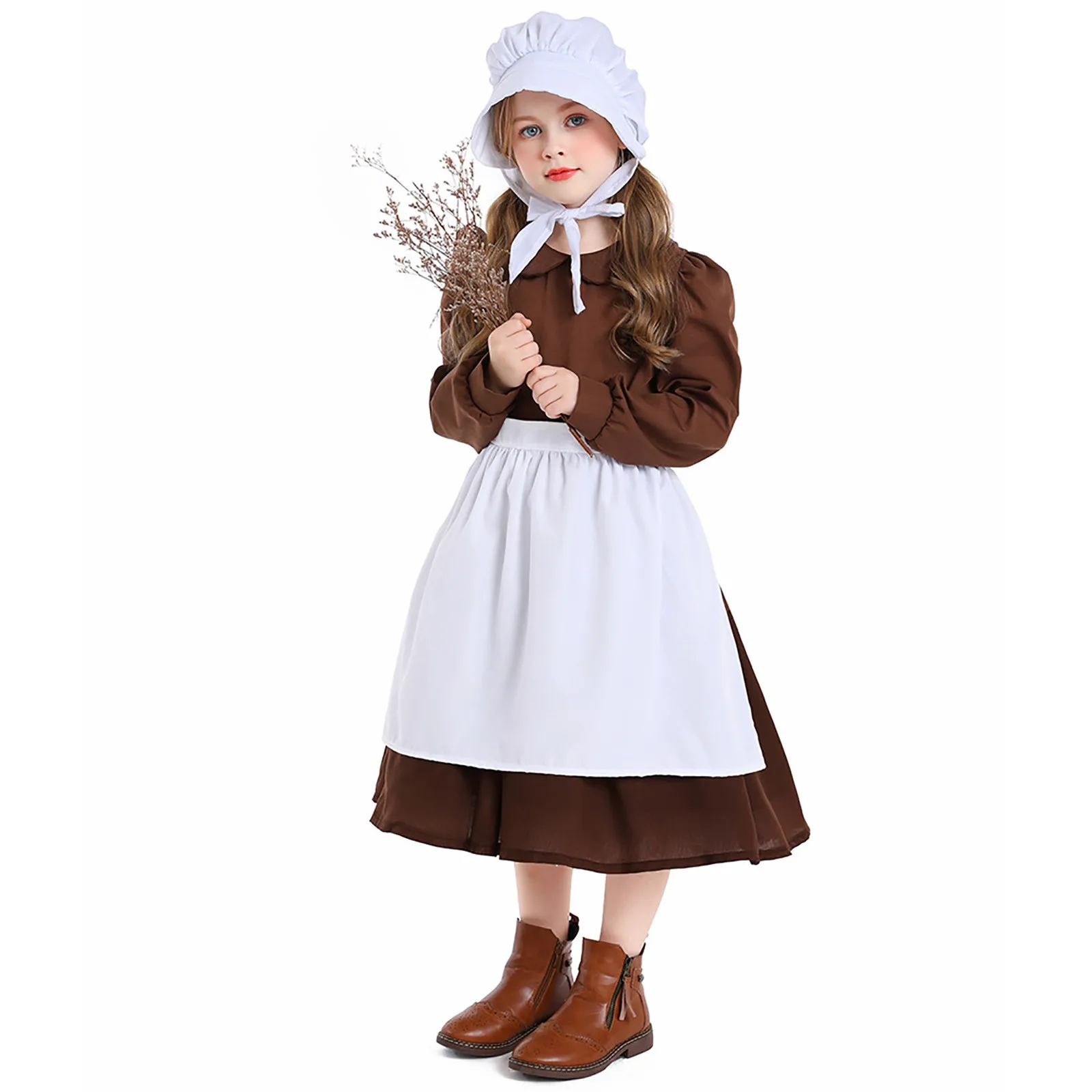 

Victorian Girl Coffee Dress Child Maid Apron Costume World Folk Cluster Hooded Costume Holiday Cosplay Party Vestido Stage Wear