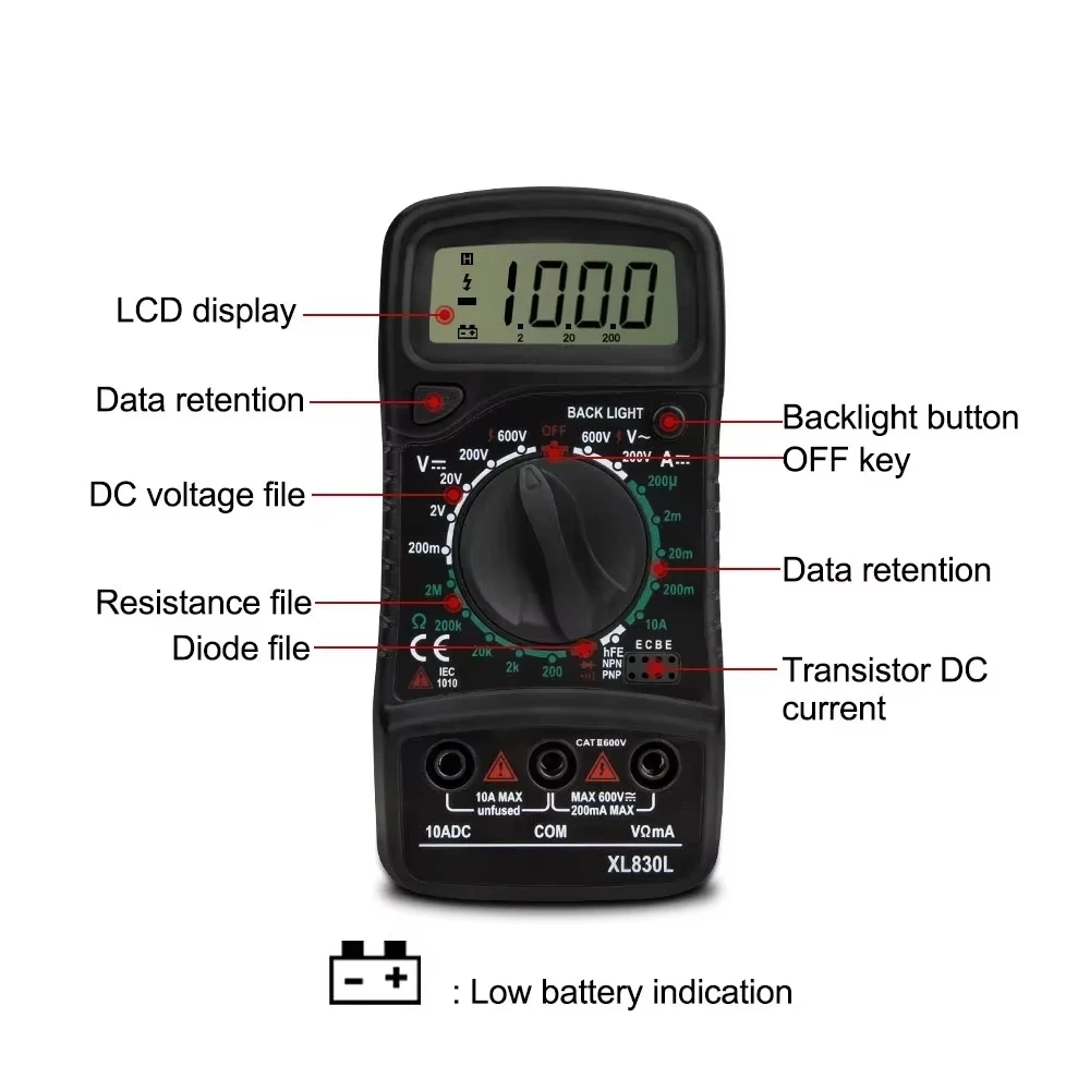 JCD Digital Multimeter AC/DC Votage Current Automatic Tester 2000 Counts True RMS Ohm Ammeter Capacitance Meter XL830L