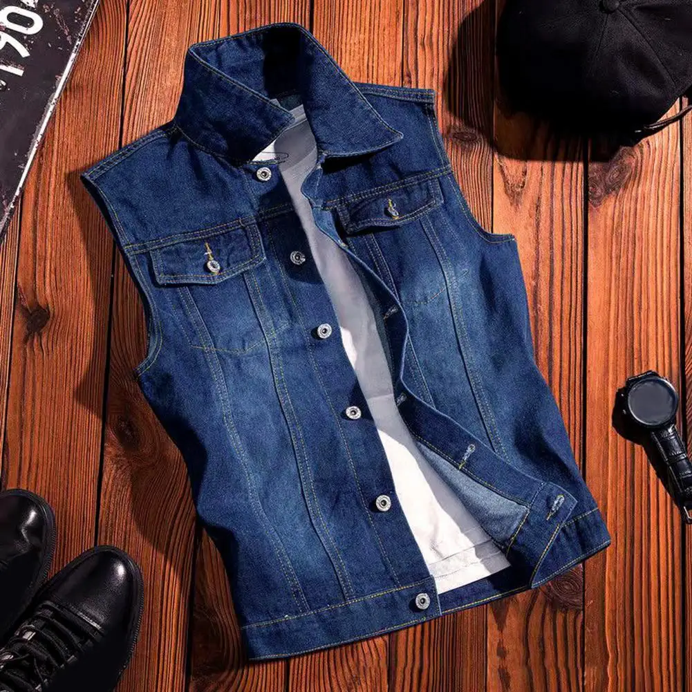 Men Suit Vest Men's Denim Waistcoat with Lapel Ripped Holes Single Breasted Vest Coat with Flap Pockets High Street for Men