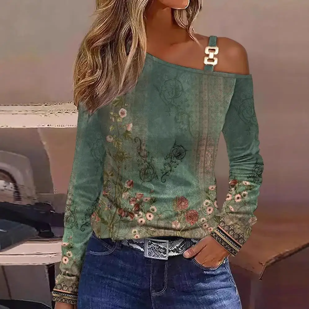 Damska bluzka z metalowymi guzikami, odkryte ramiona, kołnierzyk, regularny krój, długi rękaw, włókno poliestrowe, do pracy, wzór w kwiaty.