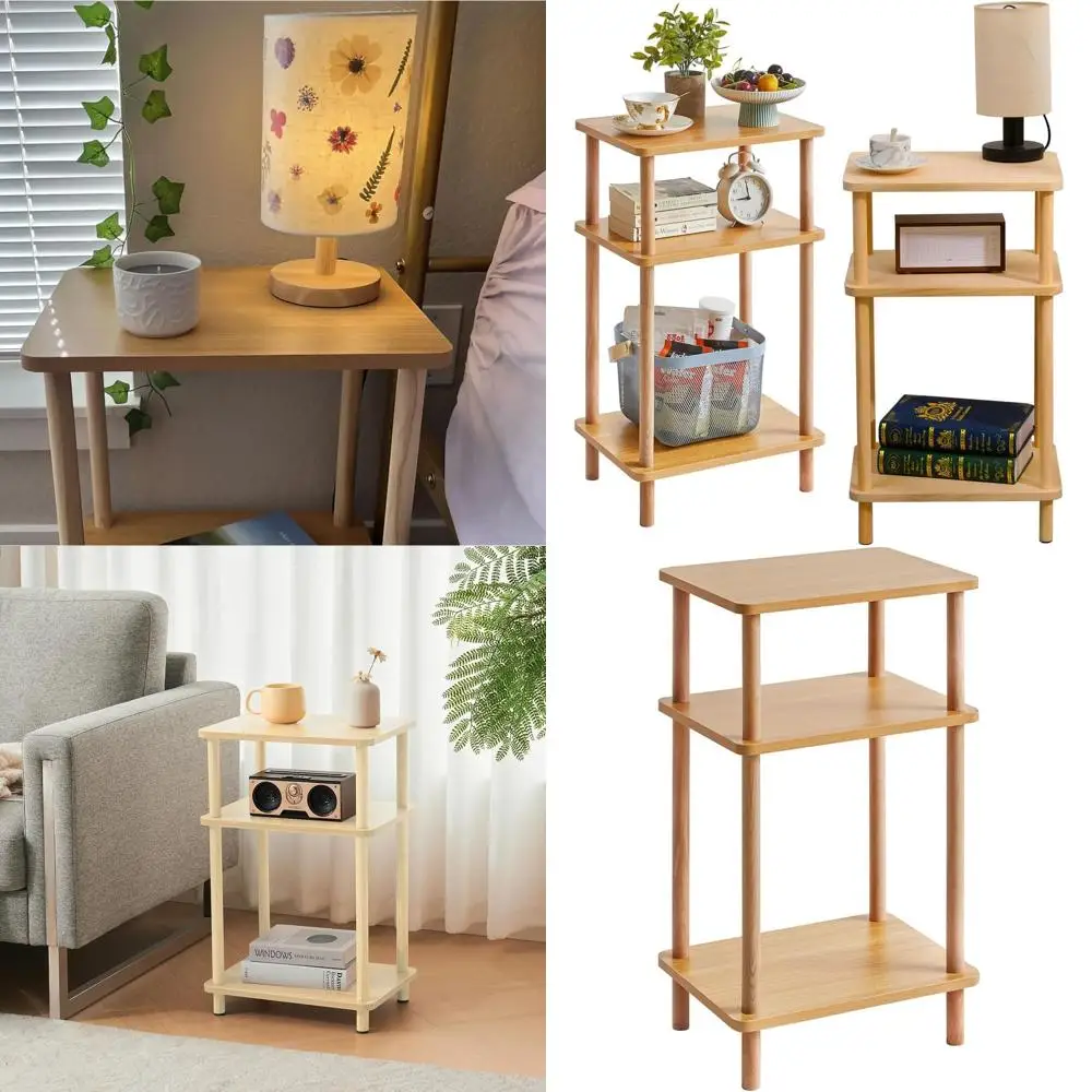 

Трехуровневый прикроватный столик из массива дерева с полками для хранения, высокий прикроватный столик для гостиной, спальни, туалета - простая сборка (цвет светло-бежевый)