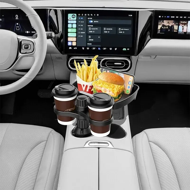 Multifunctional Adjustable 360 Rotation Dual Cup Holder Expander Snack Tray for Car Seats Black Plastic Versatile Mounting