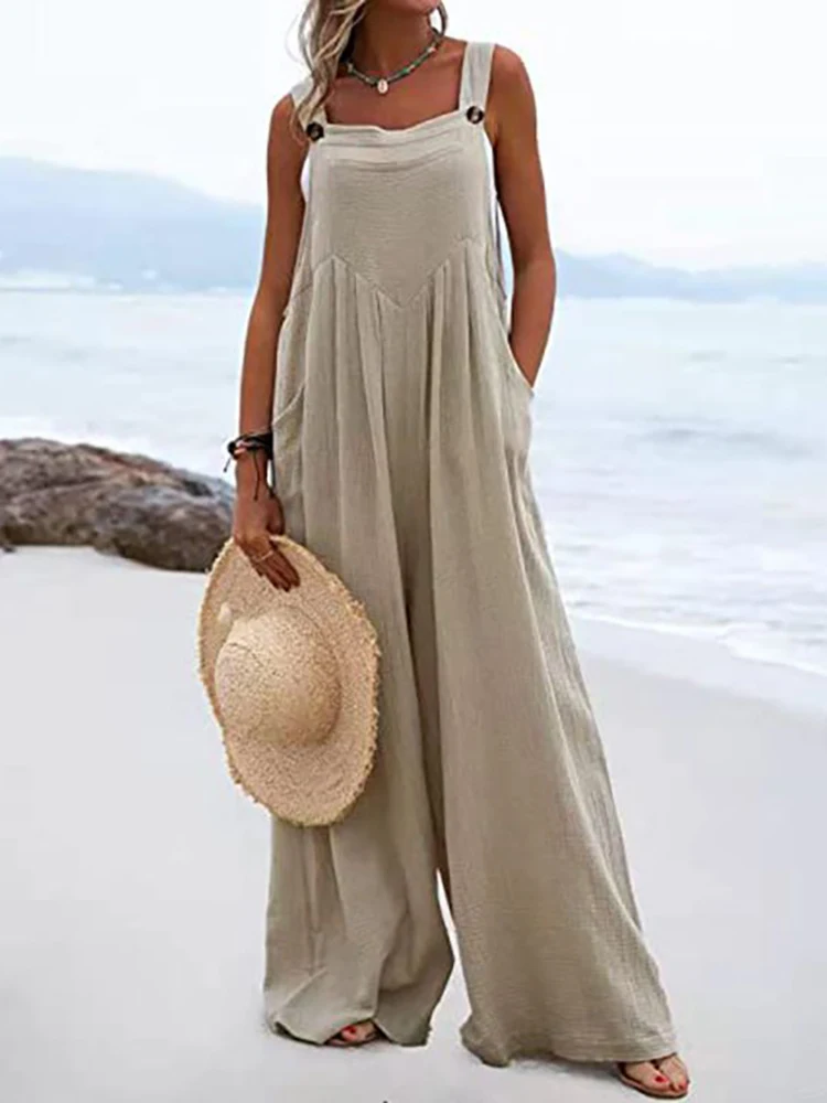 Cotton Linen Jumpsuit Women Spring Solid Elegant One Piece Wide Leg Pants Button Strap Romper Summer Holiday Beach Overalls