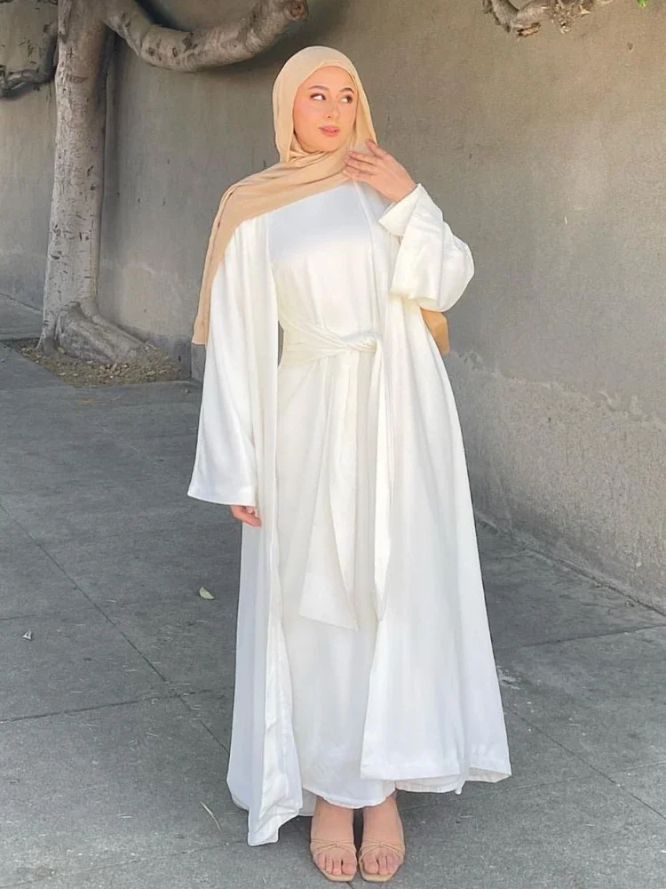 รอมฎอน 3 ชิ้นผ้าซาตินสีขาว Abaya ชุด Hijab มุสลิมชุดผู้หญิง Kaftan ชุดราตรีดูไบตุรกีเจียมเนื้อเจียมตัวเสื้อผ้าอิสลามชุด