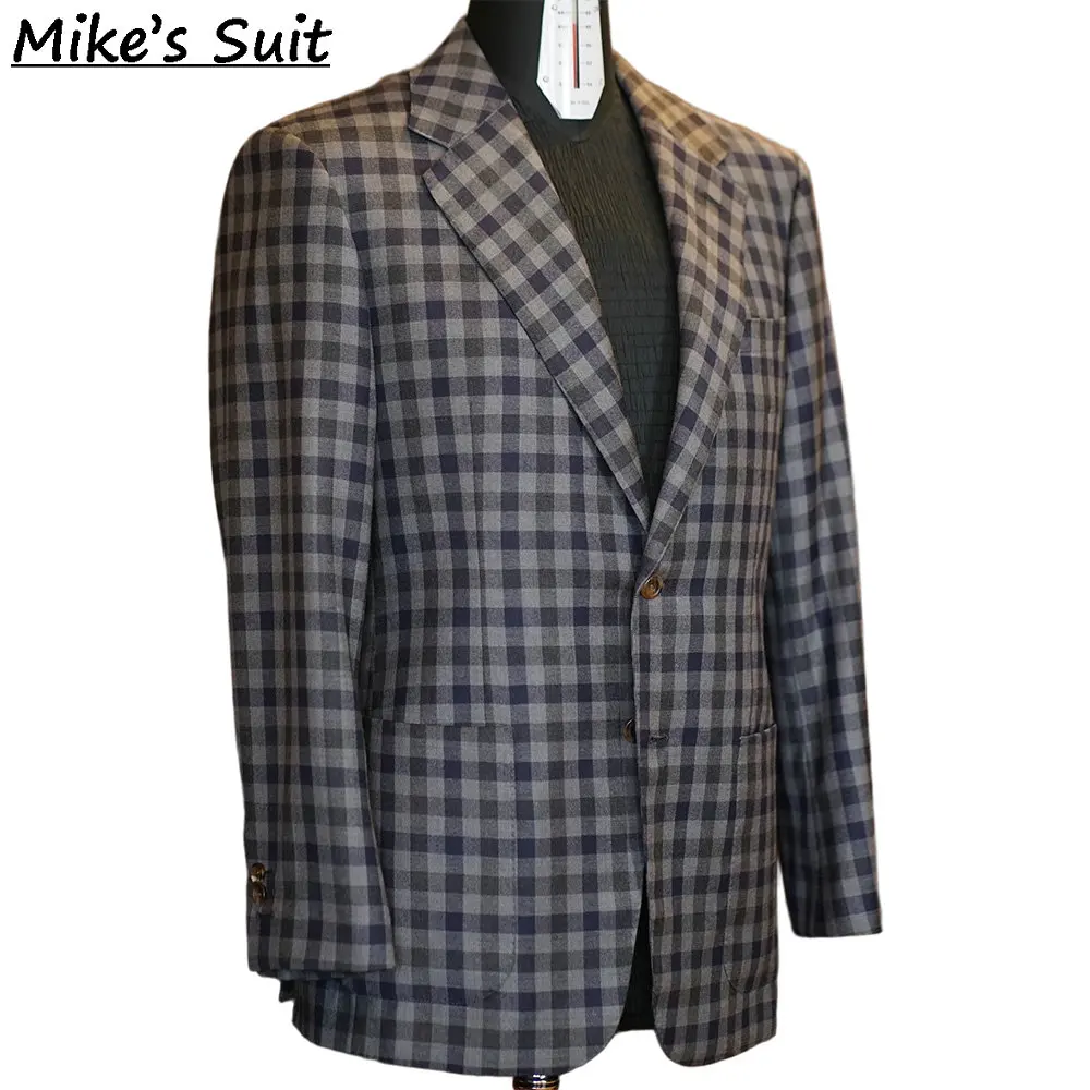 Men's Grey Blue Buffalo Check Wool Tweed Blazer British Style Wedding Party Slim Fit Business Coat